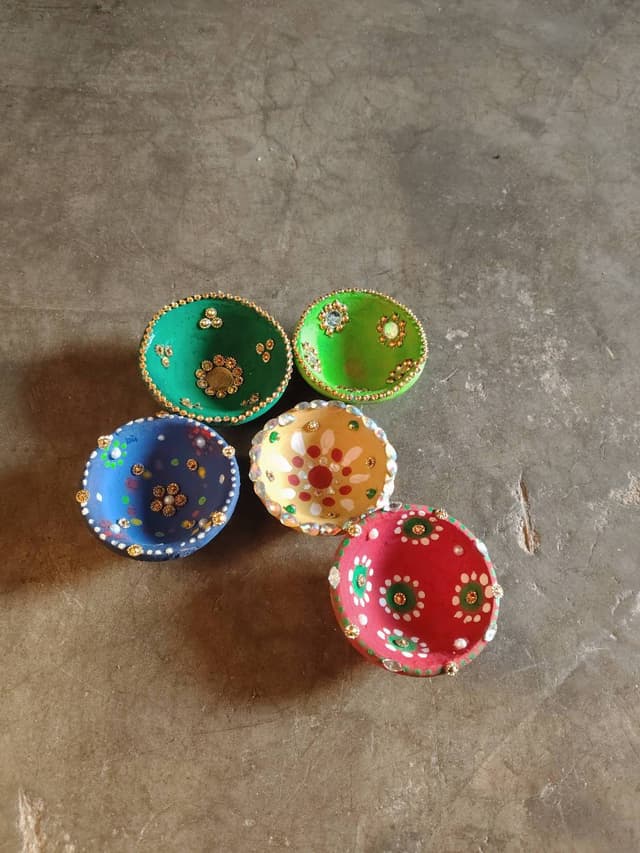 Handmade Decorative Diwali Diyas - Set of 5 Colorful Oil Lamps with Rhinestone Embellishments