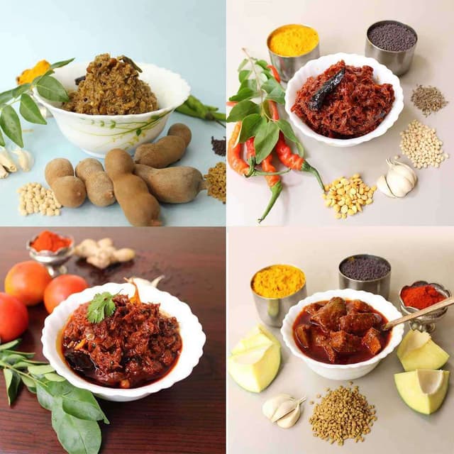 Andhra Homemade Pickles Combo (4 Flavors) – Mango, Chinthakaya, Red Chilli & Tomato
